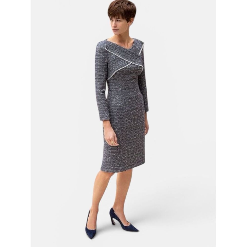 The Fold London Textured Boucle Sheath Dress Navy Ivory Fringe Detail UK 12 US 8